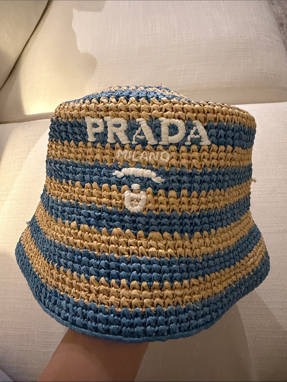 Prada Striped Straw Bucket Hat